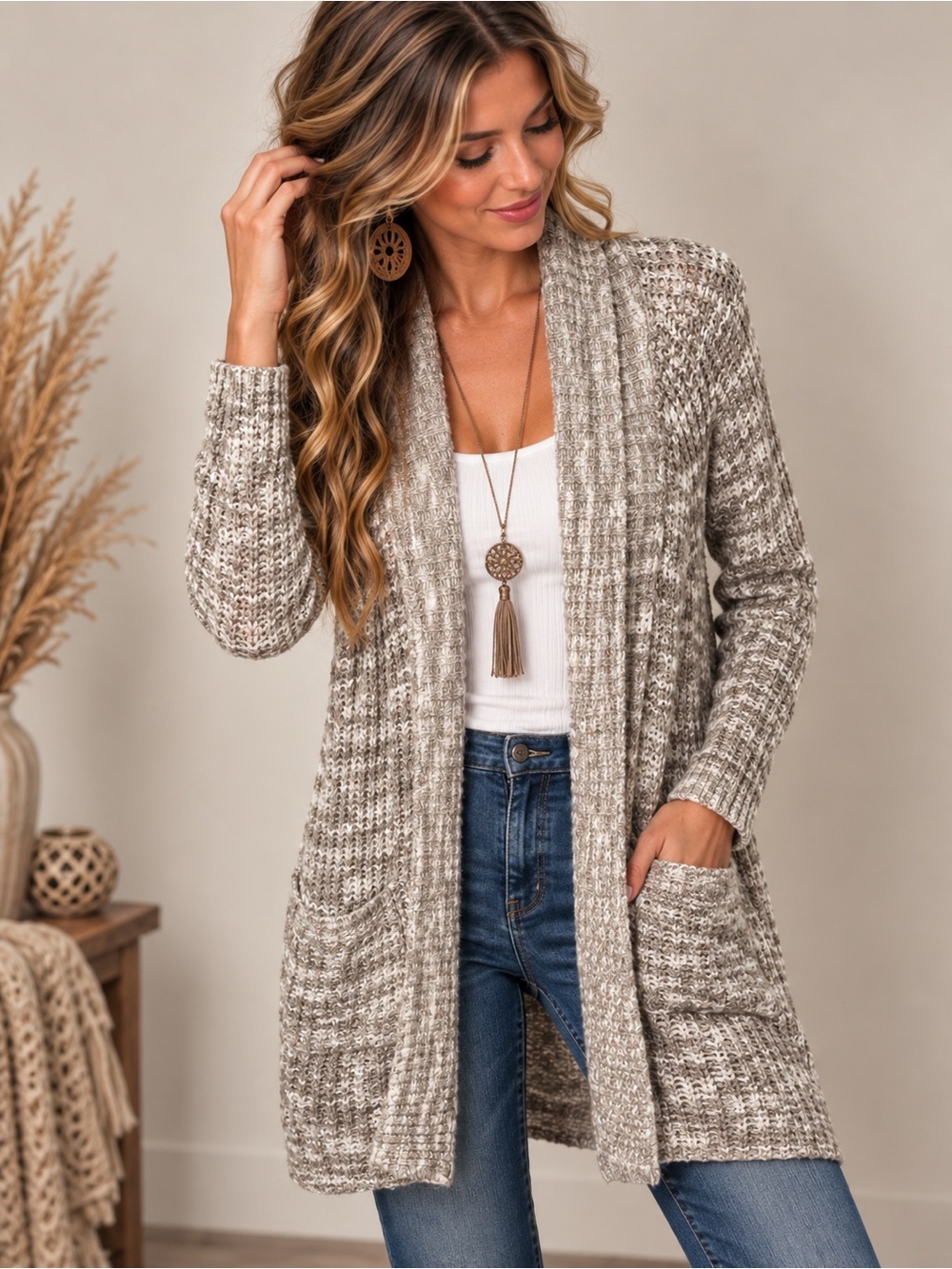 🍂🤎 Sonoma Open Front Knit Cardigan Size M Cozy Boho Style ✨